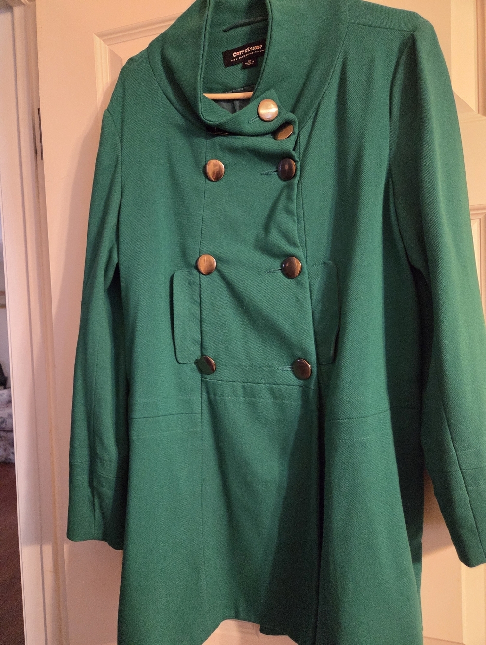 Coffeeshop Emerald Green Double-Breasted Pea Coat with Metal Buttons XL Like New